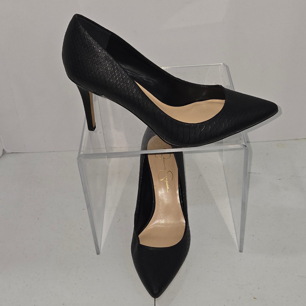 Jessica Simpson Black Snake Embossed Pointed Toe Pumps Heels Size 9.5M AC 945